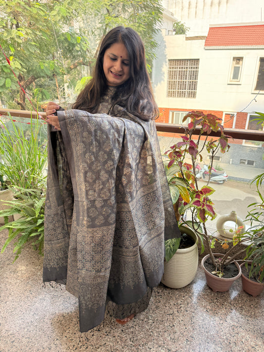 Ash gray ajrakh tussar silk handblock suit set tss- 9