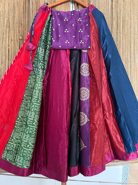 Purple mashru silk blouse-with Multicolour patchwork  handcrafted mashru silk Skirt