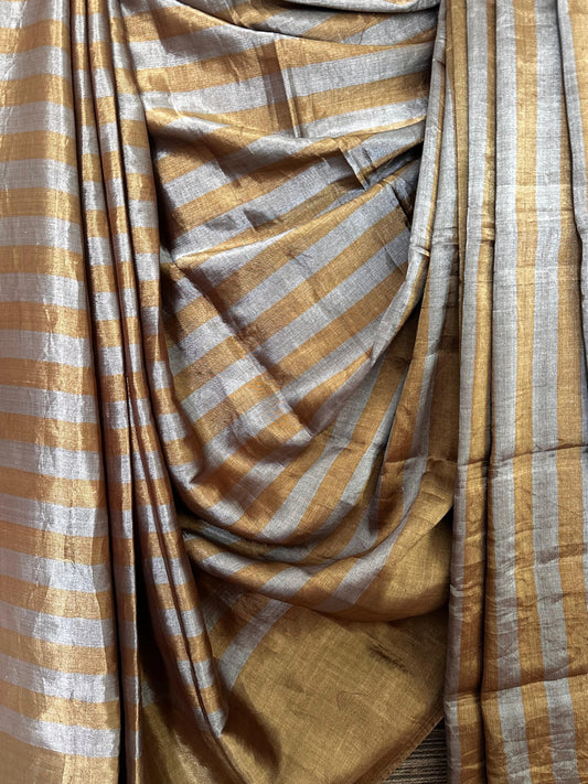 GREY & OLD YELLOW CHANDERI TISSUE WEAVE SILK HANDLOOM SARI WITH BANARSI BLOUSE