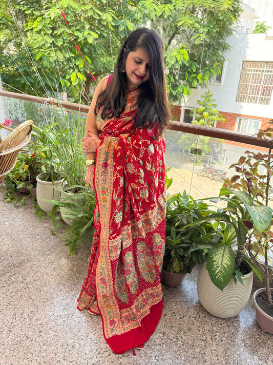 RedHandwoven Rai  Bareek Bandhani Saree Meenakari Jaal with Khaddi Georgette  Mks-2