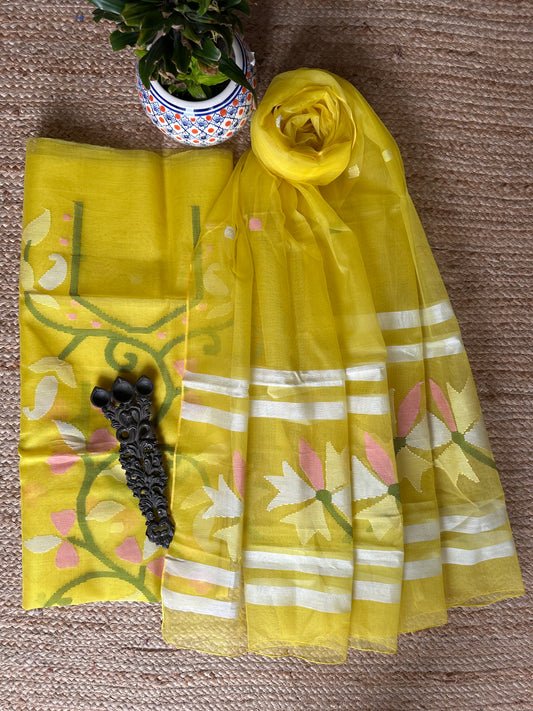 NEON YELLOW HANDWOVEN JAMDANI PURE MUSLIN SILK KURTA SET MJK-39