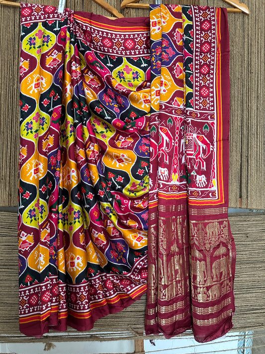 MAROON  ELEPHANT PATOLA MODAL SILK PATOLA PRINT SARI WITH ZARI BORDER PMS-10146