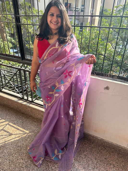 IRIS PURPLE JAMDANI HANDWOVEN PURE MUSLIN SILK SARI