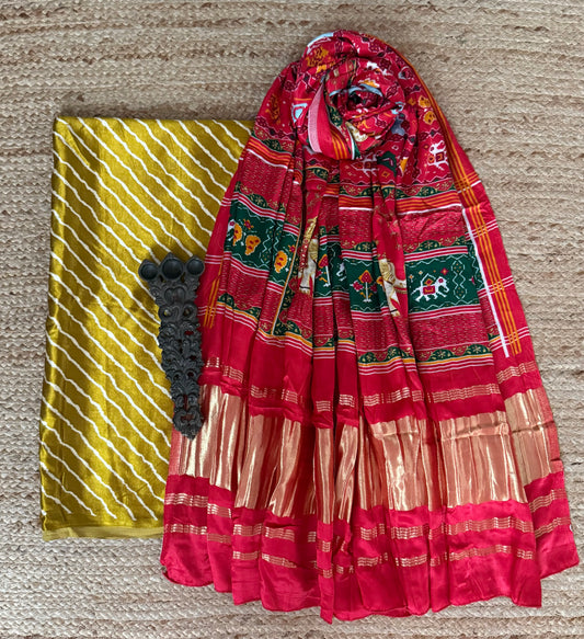 Lime green leheriya mashru silk kurta with  patola pichwai handcrafted modalsilk dupatta ps-245