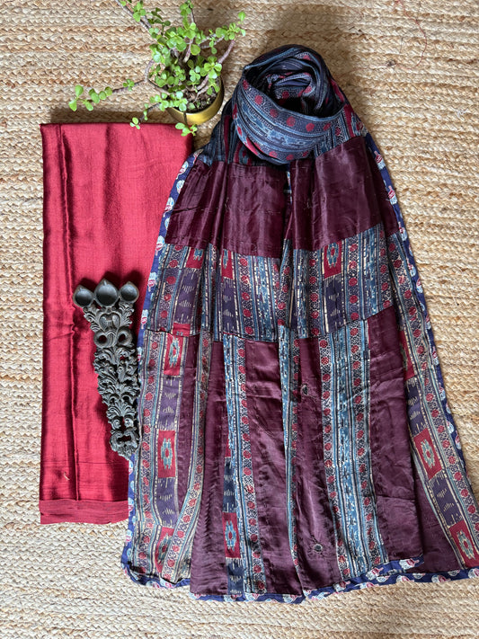 MAROON MASHRU SILK KURTA WITH AJRAKH PATCHWORK  HANDCRAFTED  MODAL SILK DUPATTA PWK-11