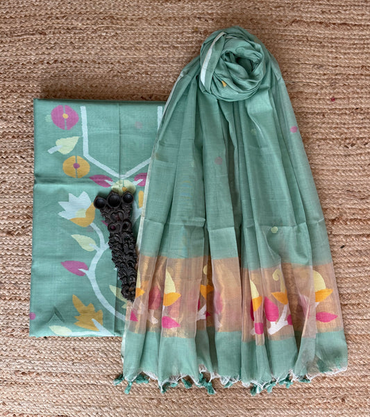 Mint Green handwoven jamdani pure cotton silk kurta set mjk-