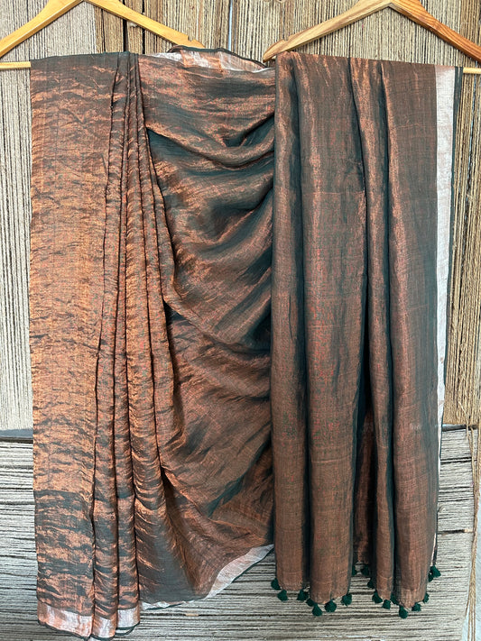 BOTTLE GREEN  COPPER METALLIC LINEN SARI WITH WOVEN  BORDER