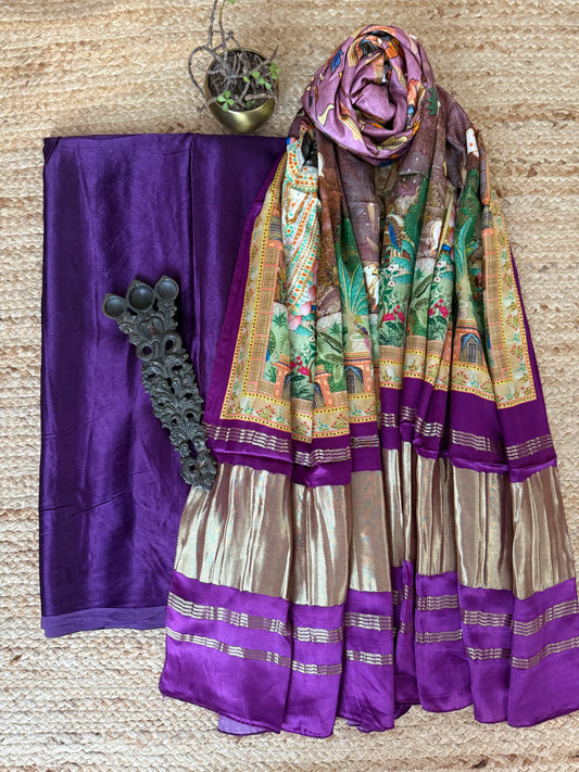 PURPLE SOLID MASHRU SILK KURTA WITH  PATOLA PICHWAI HANDCRAFTED MODALSILK DUPATTA PS-241