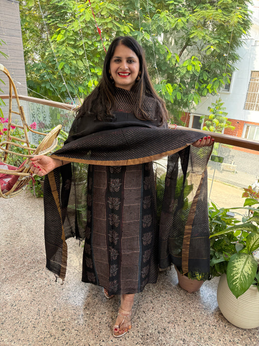 BLACK AJRAKH LINEN SILK HANDBLOCK SUIT SET AL-10301