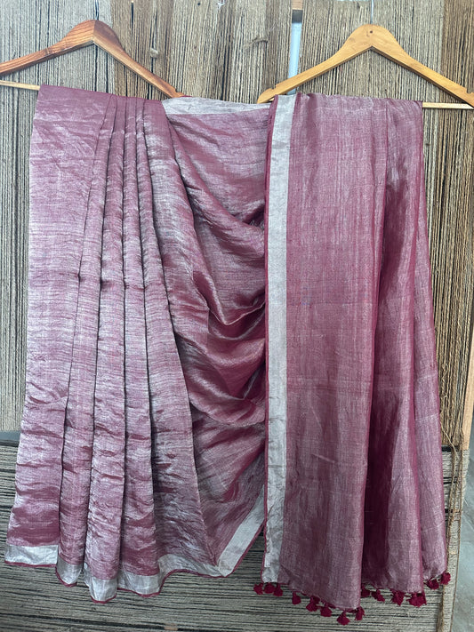 MULBERRY PINK SILVER METALLIC LINEN SARI WITH WOVEN  BORDER
