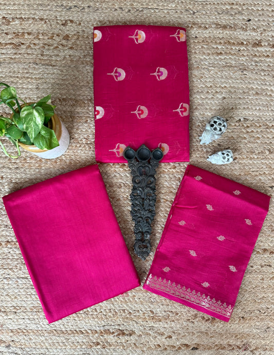 Ruby Pink Chanderi Handloom Banarsi Booti Three Piece Suit
