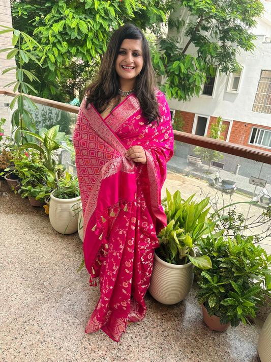 RANI PINK BANARASI CHINIYA SILK CERTIFIED ZARI WOVEN  SARI