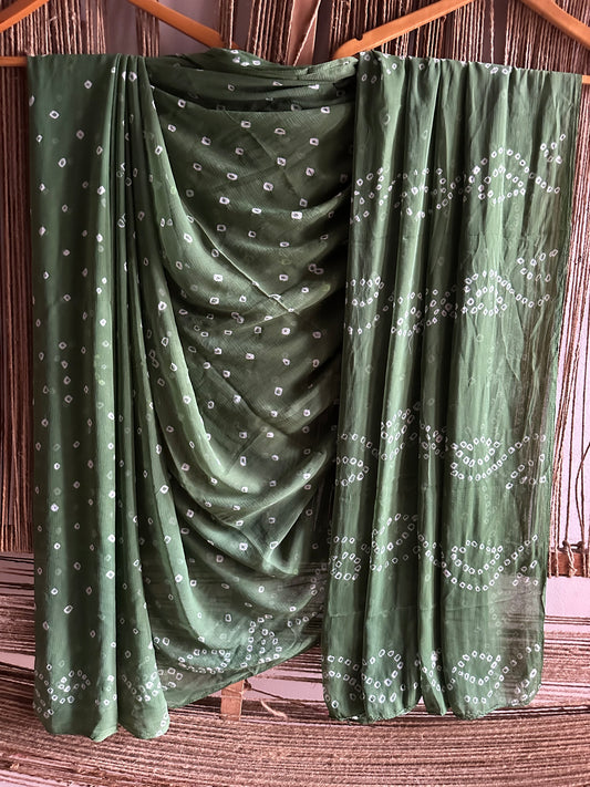 MILITARY GREEN BANDHANI HANDCRAFTEDCHIFFON SARI