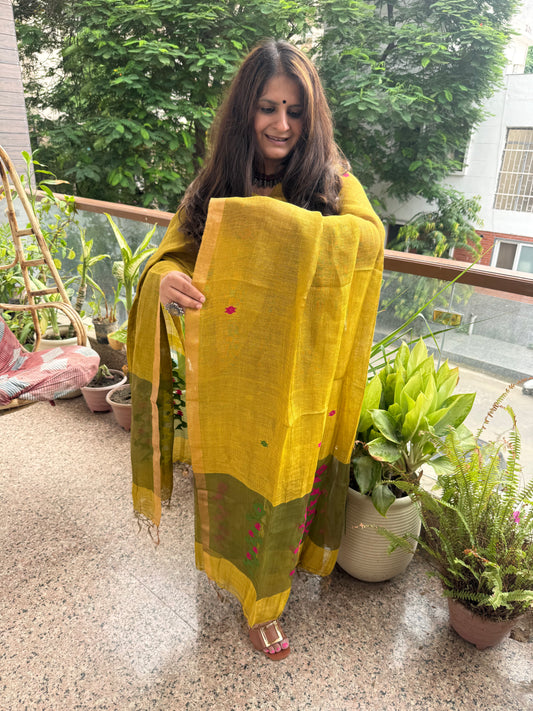 Mustard Yellow & Green Jamdani Tissue Linen Handwoven kurta set
