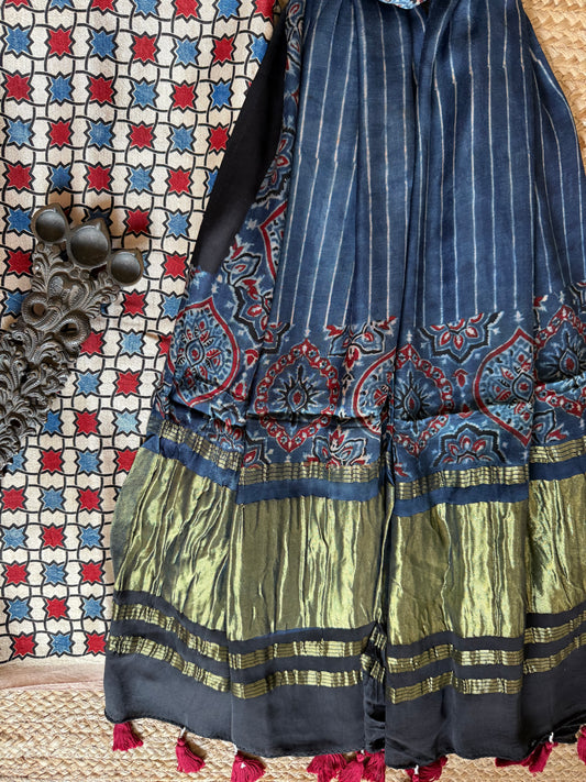 BEIGE GOLDEN AJRAKH PRINTED MASHRU SILK KURTA WITH AJRAKH  HANDCRAFTED MODAL SILK DUPATTA  ps-235