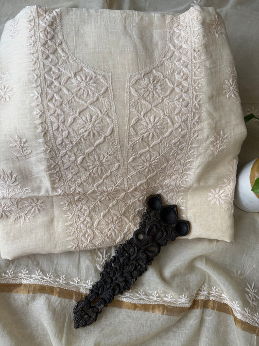 FLESH PREMIUM  MULL CHANDERI LUCKNOWI CHICKENKARI HAND EMBROIDERY THREE PIECE SUIT