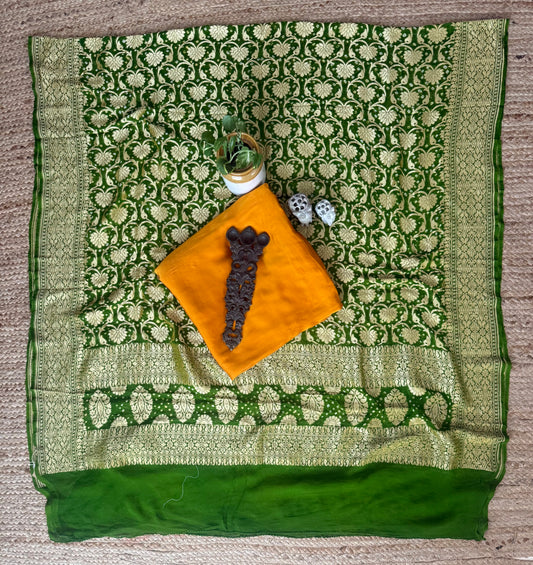 Bottle Green Handwoven Bareek Bandhani khaddi georgette dupatta with pure Gajji silk kurta
