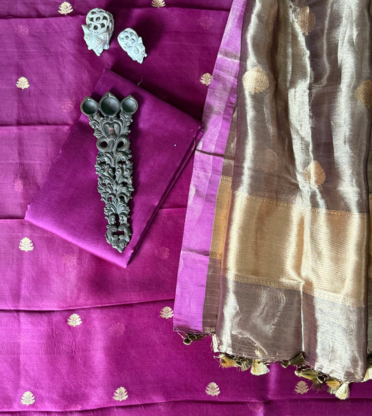 Midnight Purple Kora silk certified handloom Banarsi kadwa Booti three piece suit   CBS-50
