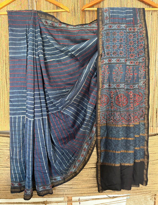 INDIGO BLUE CHANDERI SILK AJRAKH SARI