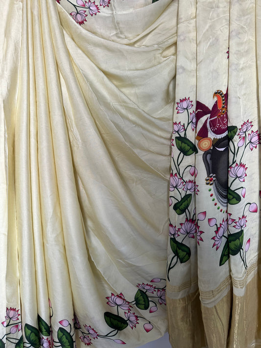 IVORY PICHWAI MODAL SILK PRINT SARI WITH ZARI BORDER