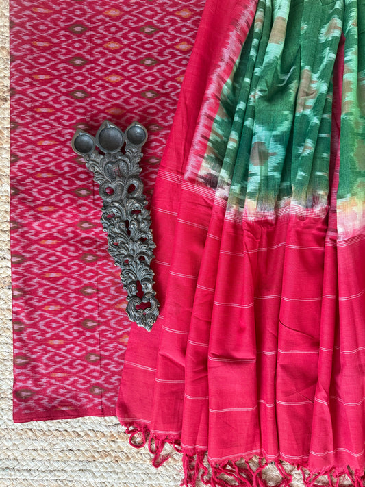 MAROON & BLUE  MERCHANDISE COTTON HANWOVEN KURTA WITH IKKAT PURE COTTON PATOLA HANDWOVEN DUPATTA