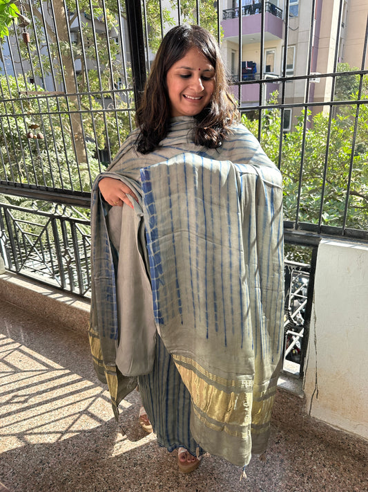 Grey  Blue Modal  Silk Shibori  Kurta with Shibori  handcrafted Modal Silk Dupatta SMS 104