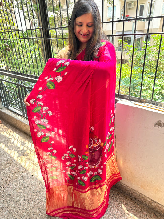 MAGENTA PINK MODAL SILK PICHWAI SARI WITH ZARI BORDER