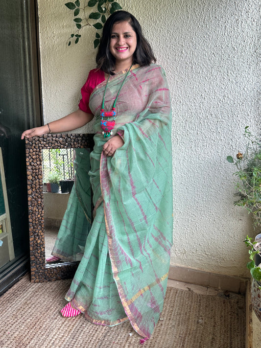 OLIVE GREEN  KOTA SHIBORI DORIA  HANDBLOCK SARI