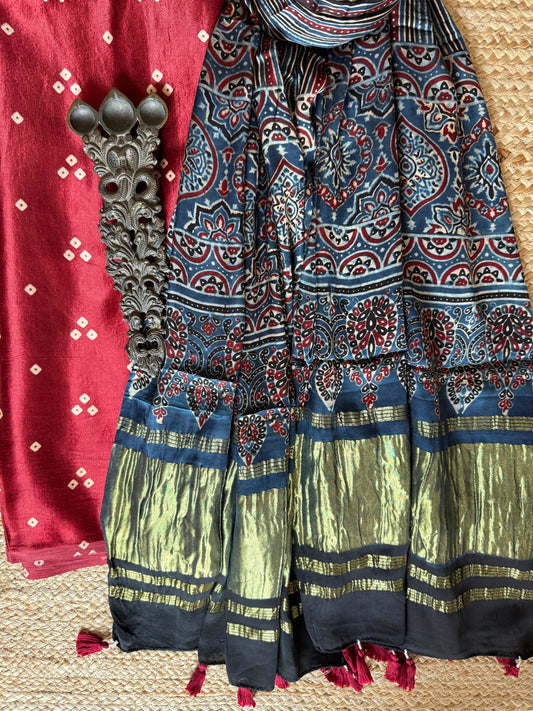 MAROON MASHRU SILK KURTA WITH AJRAKH  HANDCRAFTED MODAL SILK DUPATTA  ps-231