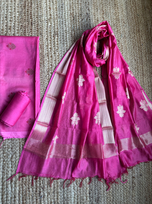PINK BANARASI CHANDERI  HANDLOOM THREE PIECE  SET SUIT