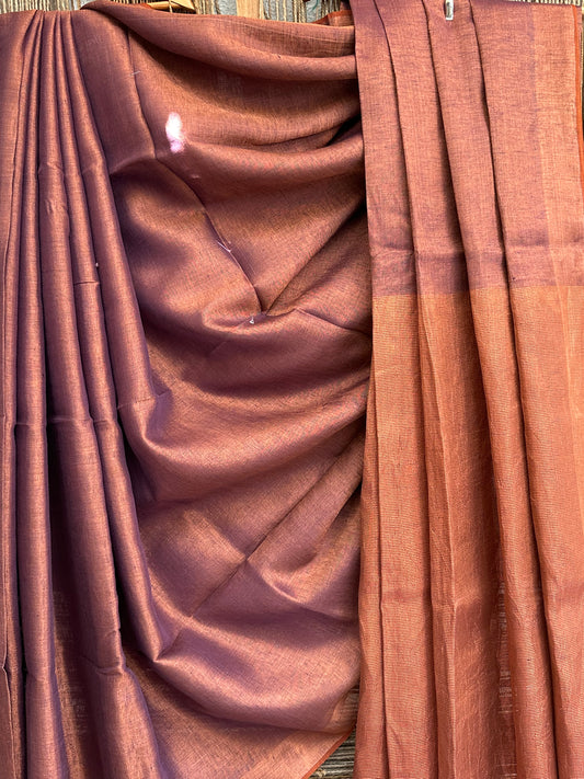 COPPER TISSUE LINEN ZARI SARI WITH WOVEN YELLOW BORDER