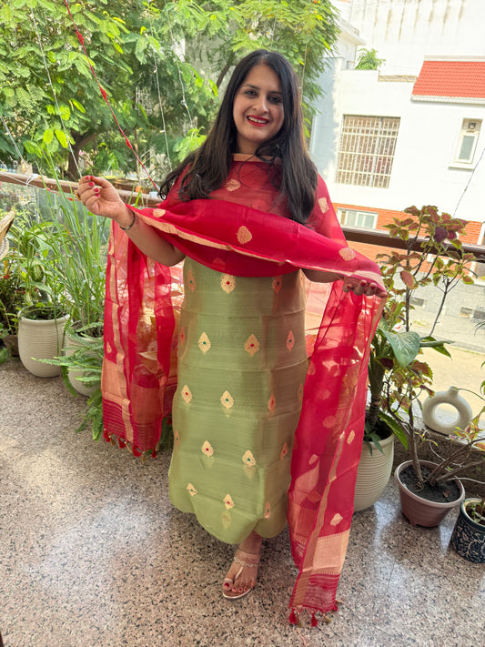 Pistachio Green Kora silk certified handloom Banarsi kadwa Booti three piece suit