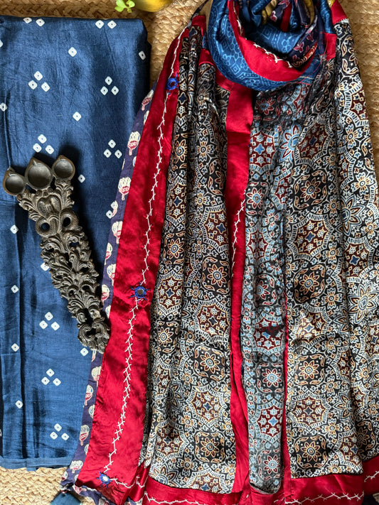 BLUE MASHRU SILK KURTA WITH AJRAKH PATCHWORK  HANDCRAFTED  MODAL SILK DUPATTA PWK-17