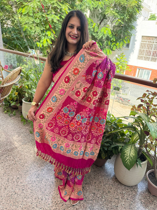 Purplish Pink Dual shade Handwoven Rai  Bareek Bandhani Saree Meenakari Jaal with Khaddi Georgette  Mks-1