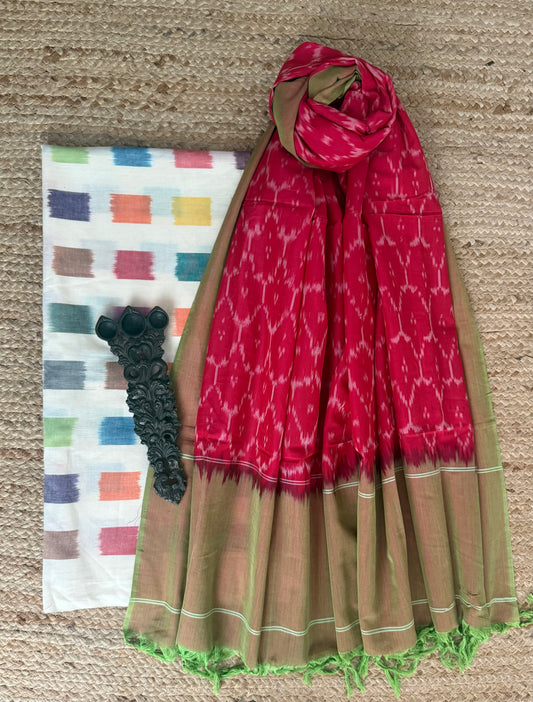 WHITE MULTI MERCHANDISE COTTON HANWOVEN KURTA WITH IKKAT PURE COTTON SILK PATOLA HANDWOVEN DUPATTA