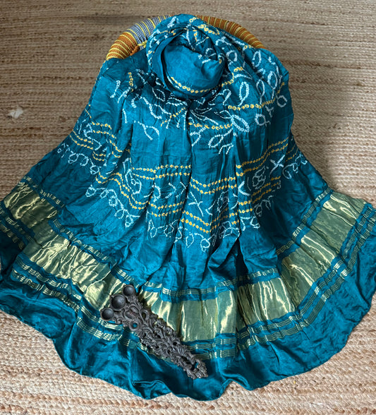 Peacock Blue rai bandhani gajji silk Handcrafted Gharchola dupatta