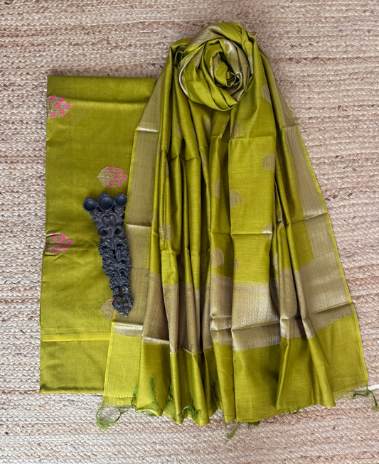 Chartreuse GreenChanderi handloom  banarsi booti three piece suit