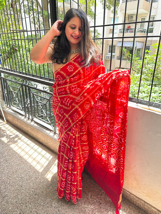 RED GAJJI SILK RAI BANDHANI  GHARCHOLA SARI