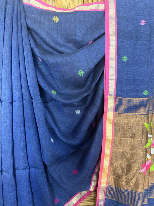 Royal blue handwoven pure linen silk jamdani sari with zari pallu