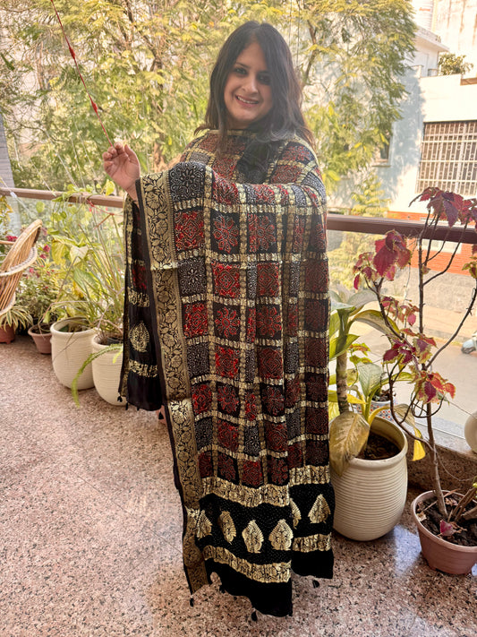 Black solid modal silk Kurta with ajrakh  gharchola handcrafted modal silk dupatta  ps-230