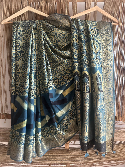 INDIGO GREEN DOLA  SILK AJRAKH ZARI BORDER SARI