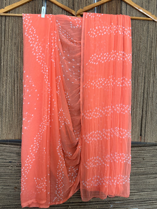 PEACH ORANGE BANDHANI HANDCRAFTED CHIFFON SARI CB-24