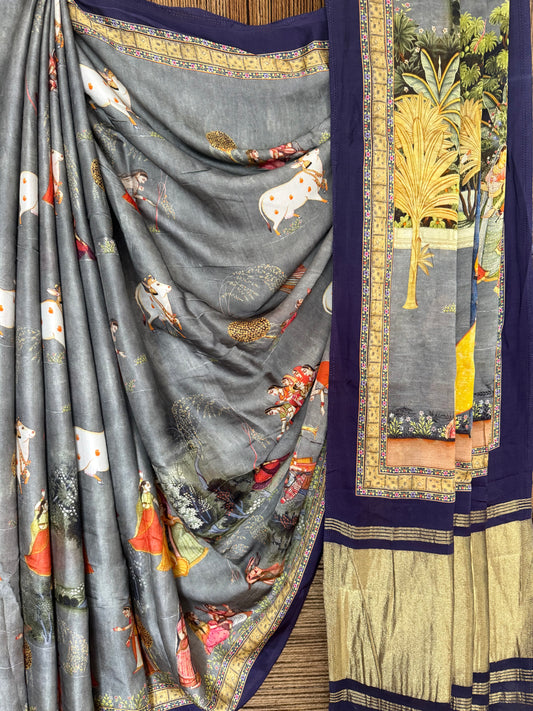 GREY BLUE  PICHWAI  MODAL SILK PATOLA PRINT SARI WITH ZARI BORDER PMS- 1011