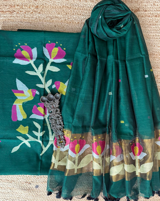 Forest Green handwoven jamdani pure cotton silk kurta set mjk