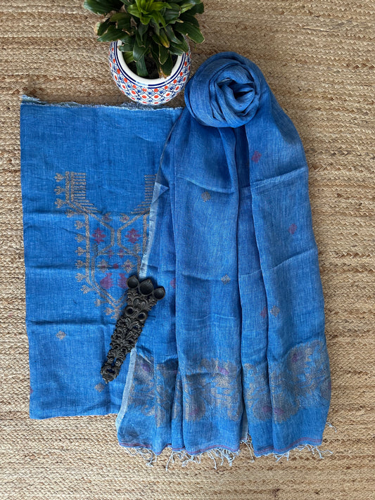 MAYA BLUE  JAMDANI WOVEN LINEN  KURTA SET LJS- 1032