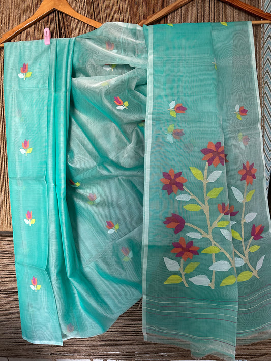 CYAN BLUE JAMDANI HANDWOVEN PURE MUSLIN SILK SARI