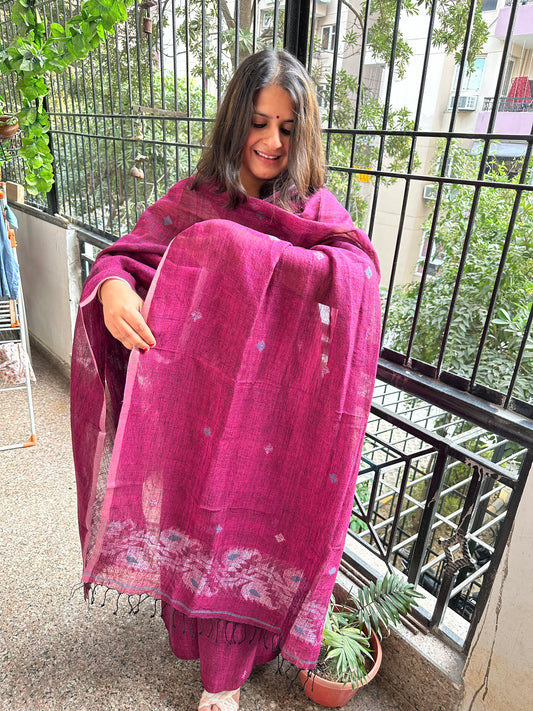 MAGENTA PINK WOVEN LINEN  KURTA SET