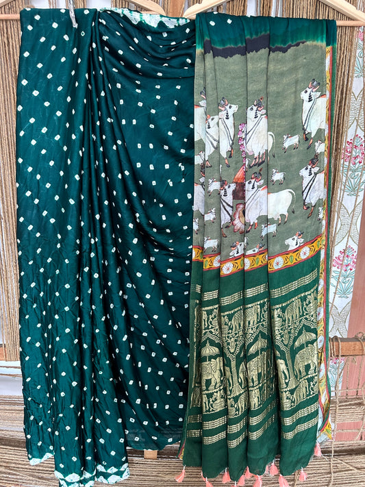 Green Modal silk bandhani  handcrafted with Pichwai Print Sari in Nakshi Elephant  Border