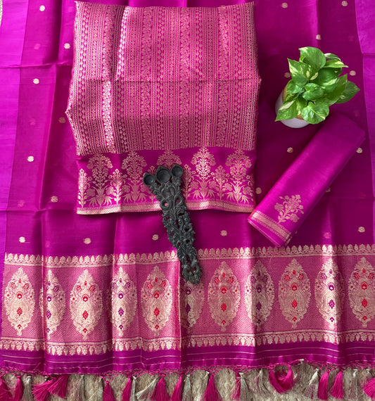 Magenta Pink Shade Chibiya silk brocade kurta certified handloom banarsi kadwa booti with kora dupatta