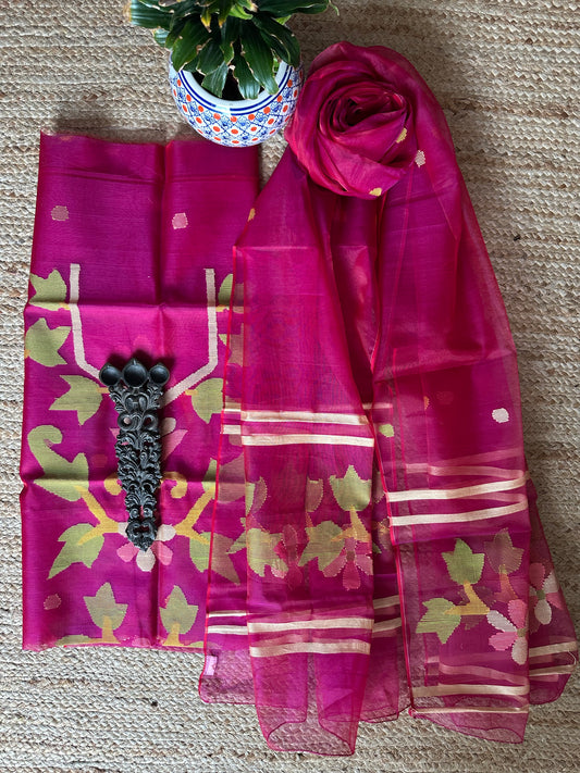 RANI PINK HANDWOVEN JAMDANI PURE MUSLIN SILK KURTA SET MJK-68